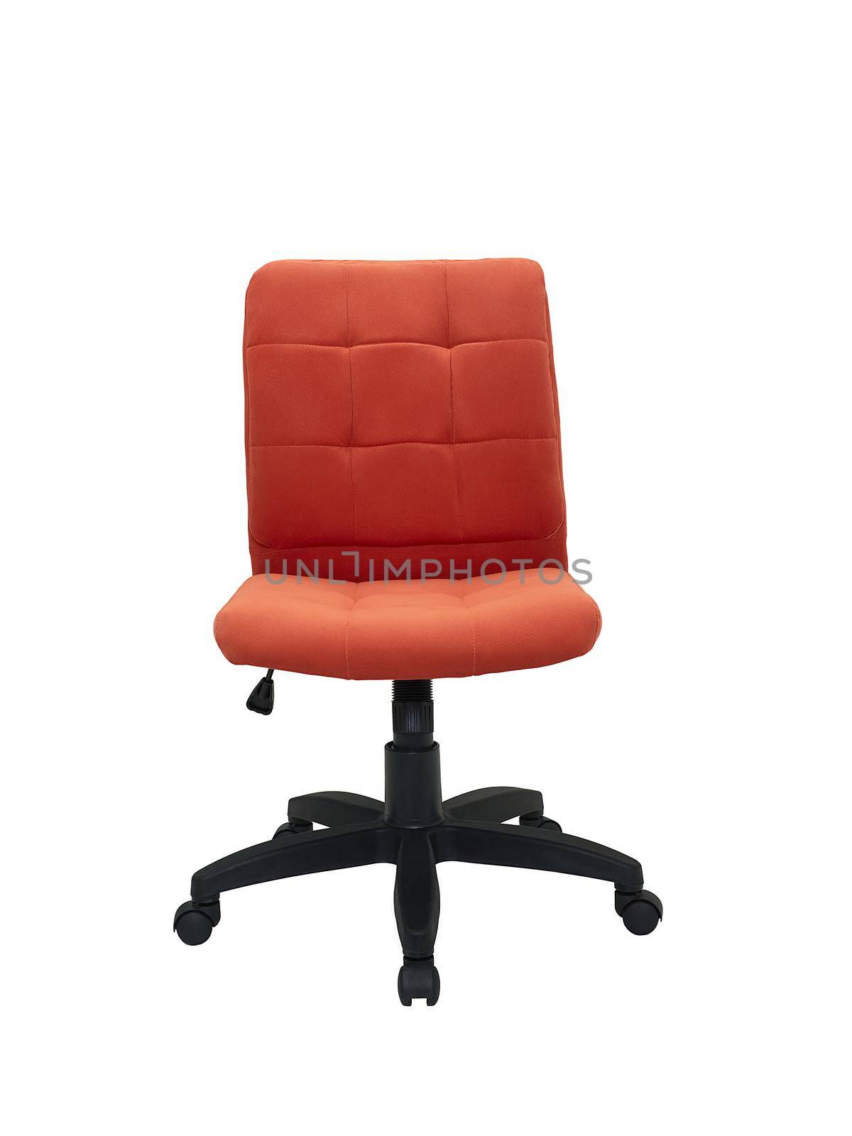 red office fabric armchair on wheels isolated on white background, front view. modern furniture, interior, home design