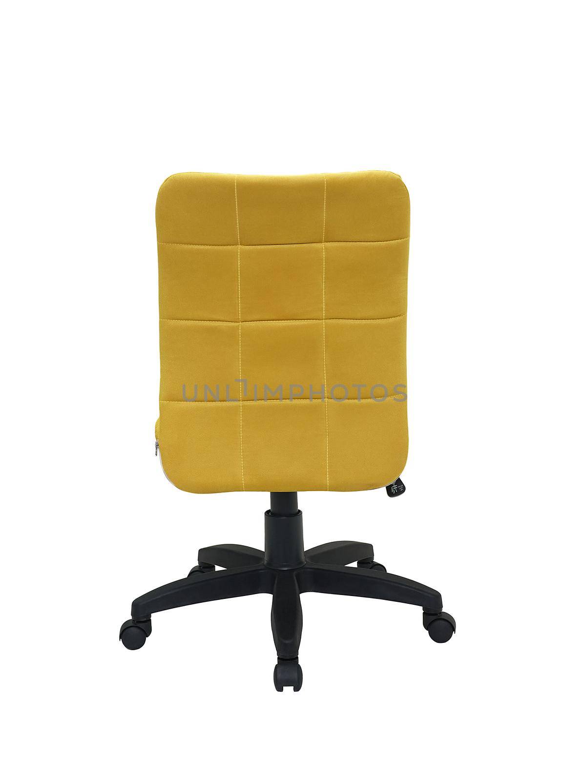 yellow office fabric armchair on wheels isolated on white background, back view. modern furniture, interior, home design