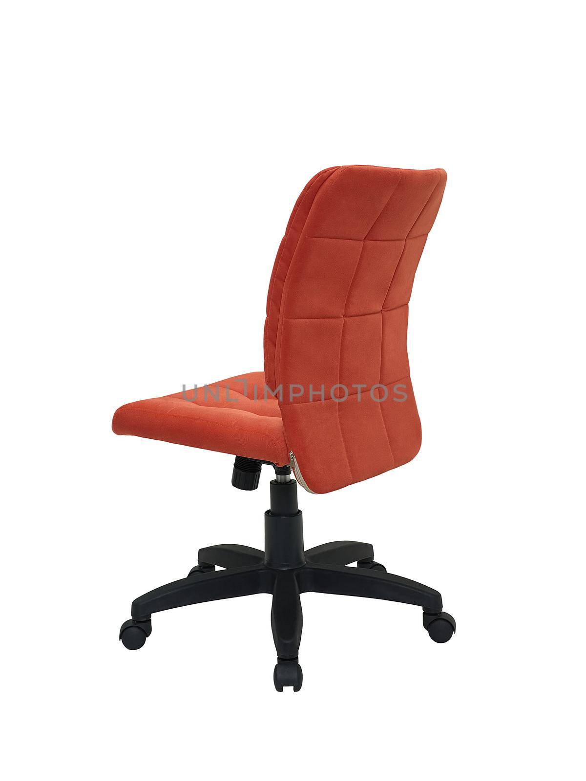 red office fabric armchair on wheels isolated on white background, back view. modern furniture, interior, home design
