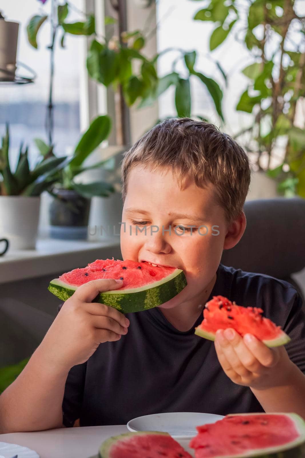 Cute boy eating watermelon at home. Real emotions without posing. children