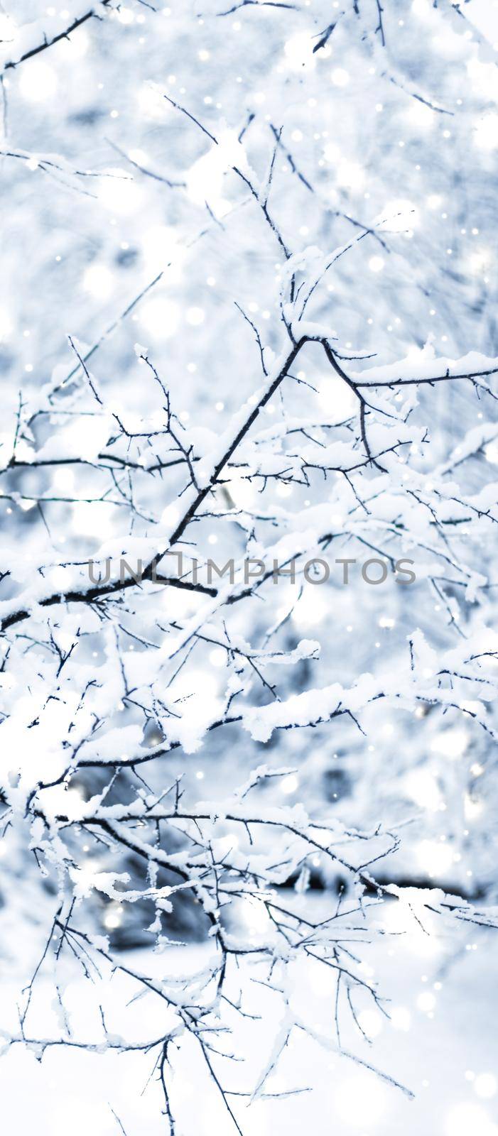 Snowing landscape, greeting card design and New Years Eve travel concept - Winter holiday background, nature scenery with shiny snow and cold weather in forest at Christmas time