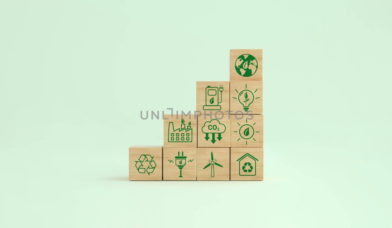 Carbon footprint ecological symbols on a wooden cube. Alternative energies to save the planet. Environmental concept, climate change. 3D rendering.