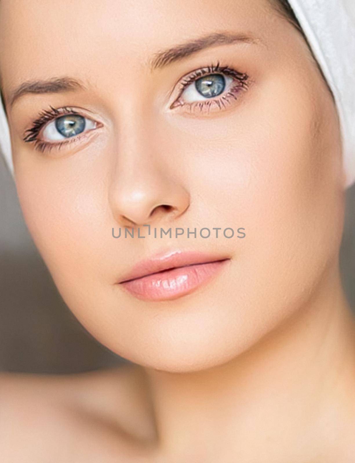 Skin care and beauty routine, beautiful woman with white towel wrapped around head, skincare cosmetics and face cosmetology, close-up portrait
