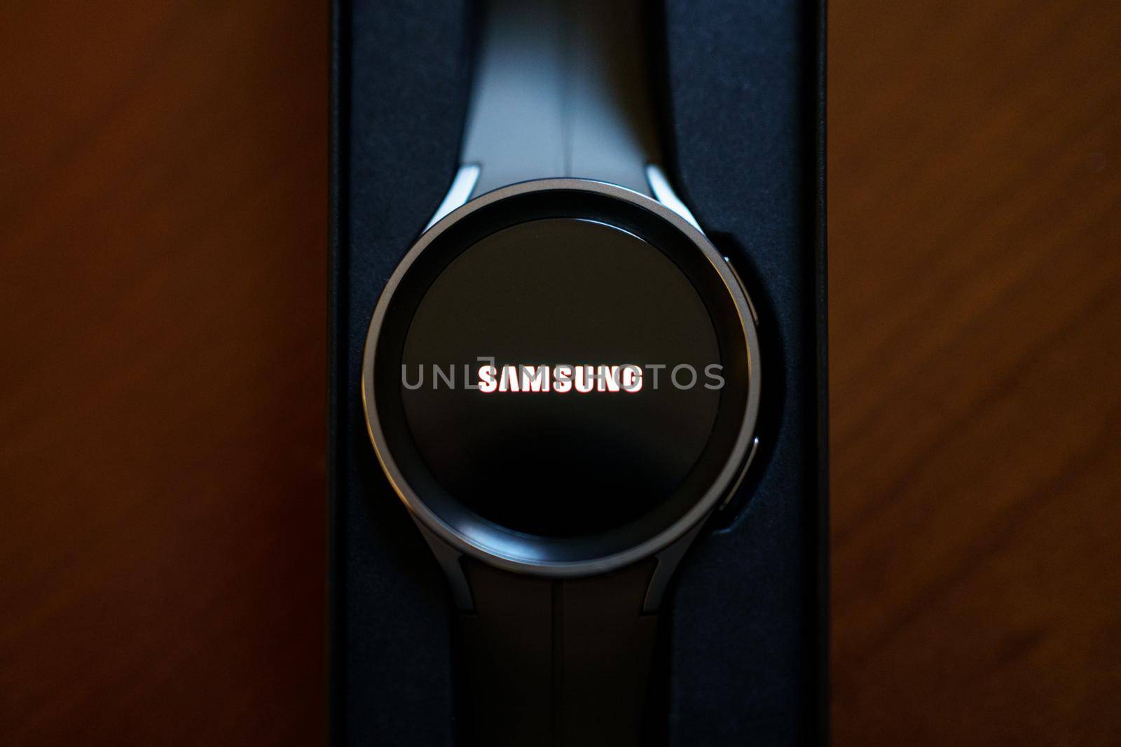 Granada, Andalusia, Spain - September 28th, 2022: New Samsung Watch 5 Pro in its box. Samsung logo on the display.