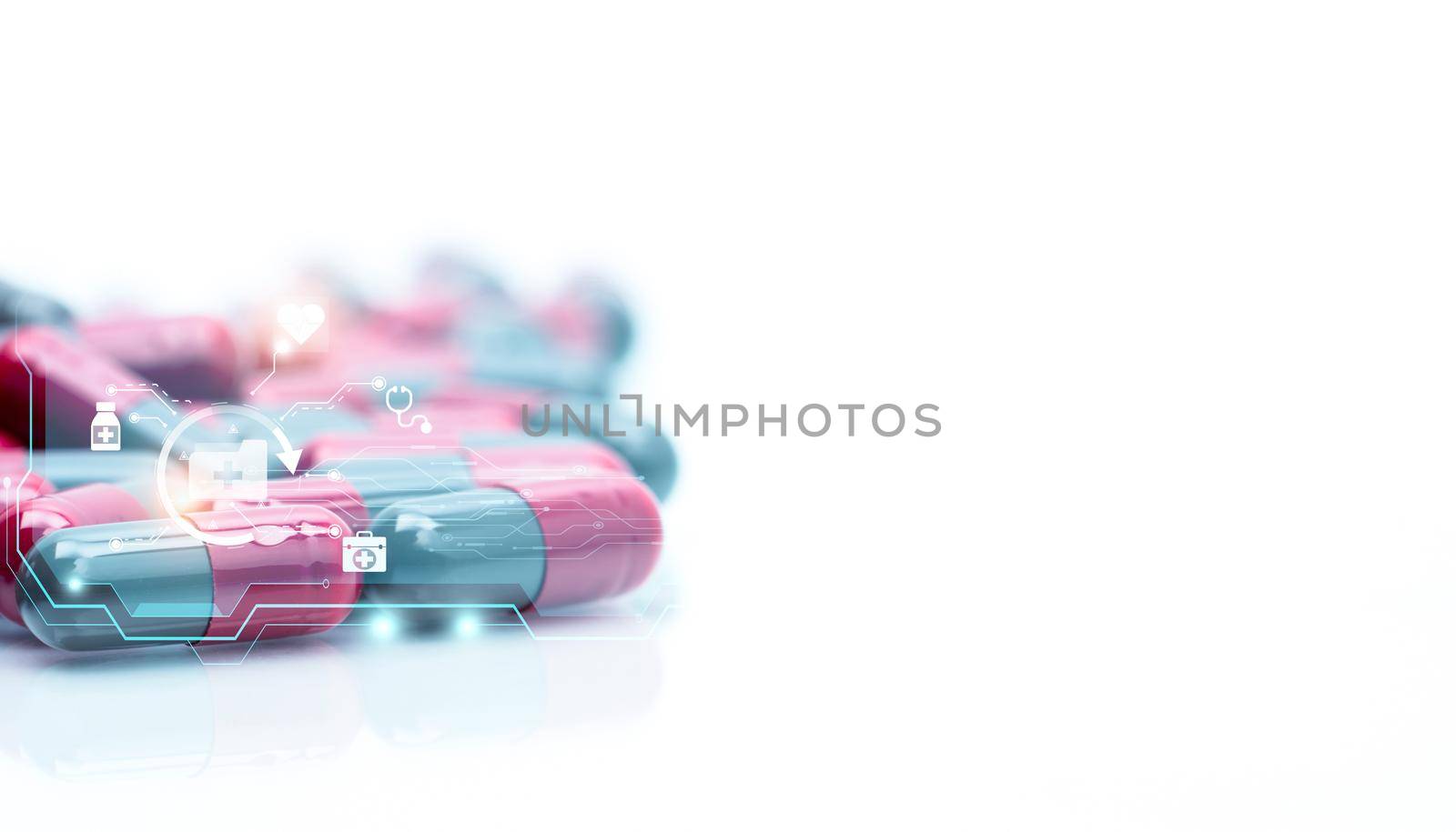 Capsules pills with medical and healthcare icons. Hospital care and health insurance service. Pharmaceutical technology. Pharmaceutical care. Inpatient and outpatient medication costs. Telepharmacy.