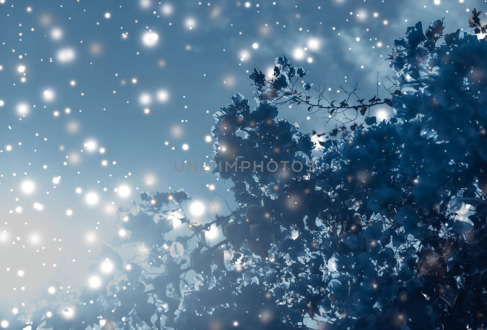 Magical, branding and festive concept - Christmas, New Years blue floral nature background, holiday card design, flower tree and snow glitter as winter season sale backdrop for luxury beauty brand