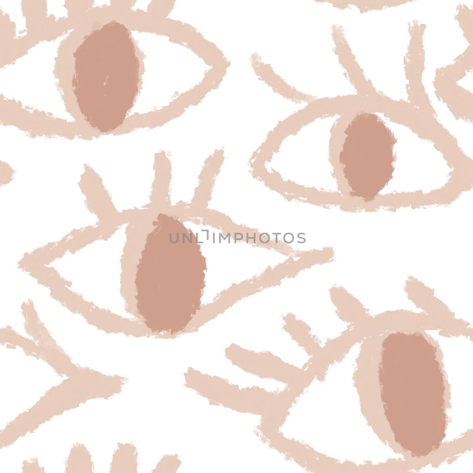 Seamless hand drawn pattern with beige evil third eye, traditional ethnic evil protection background. Pastel open eye eyelashes, boho bohemian trendy fabric print. by Lagmar