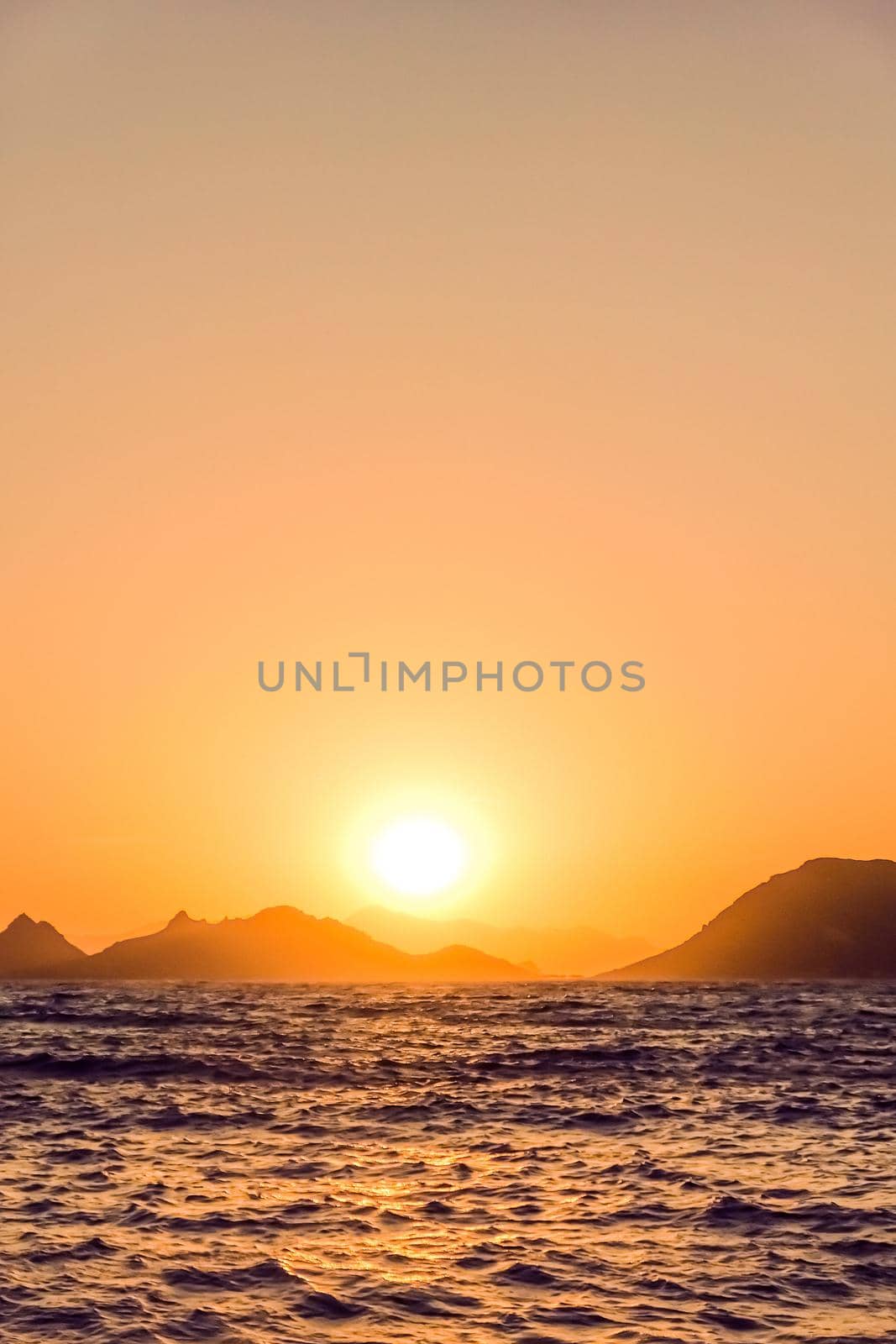 Nature, twilight and vintage beach holiday concept - Summer sunset at the Mediterranean sea coast, seascape and mountain view