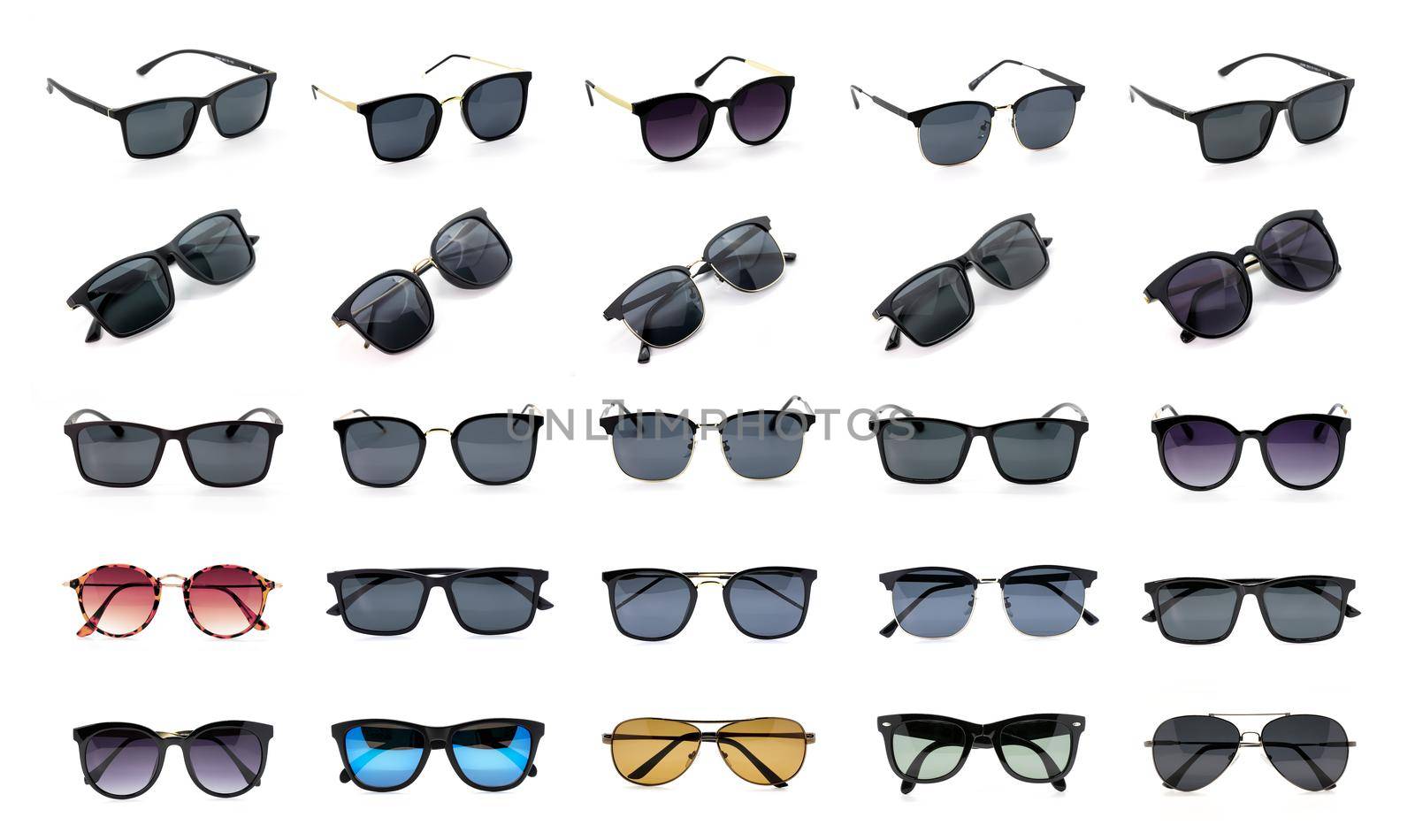 Group of beautiful sunglasses isolated on white background. Costume Fashion. by yod67