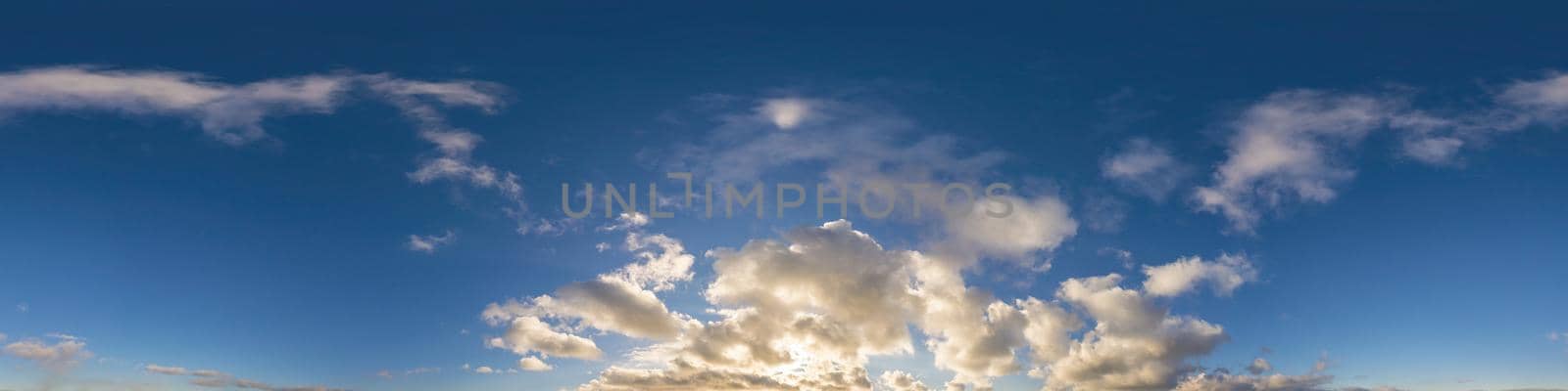 Sky panorama with Cirrus clouds in Seamless spherical equirectangular format. Full zenith for use in 3D graphics, game and editing aerial drone 360 degree panoramas for sky replacement