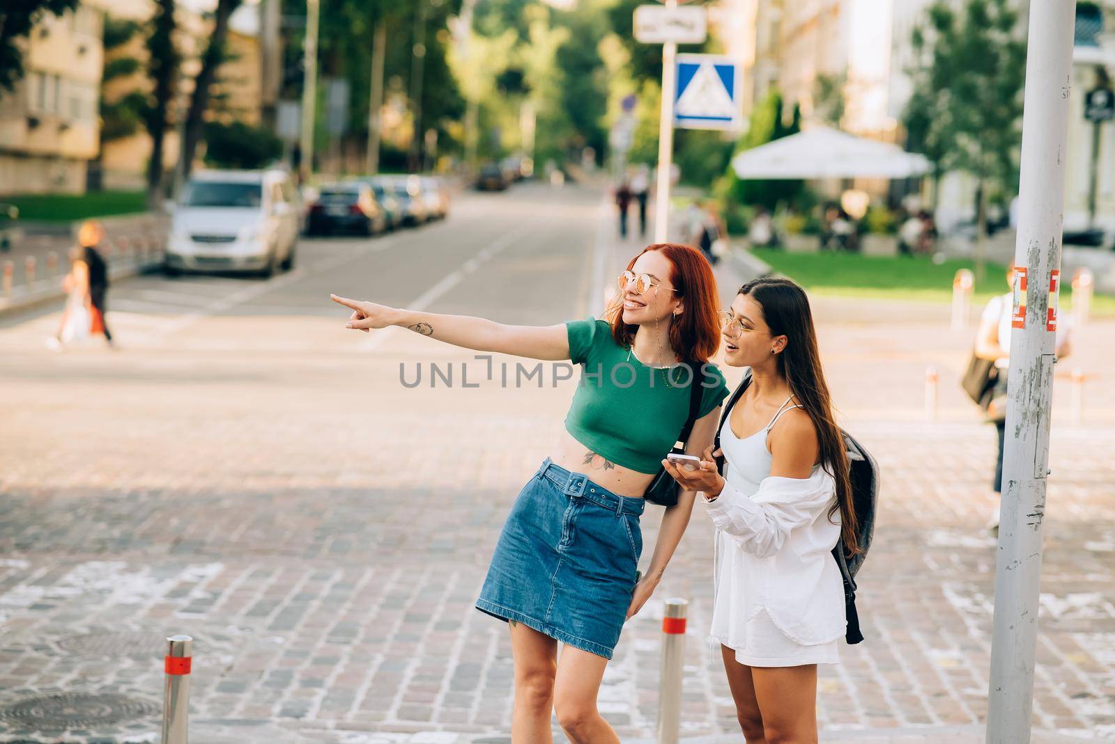 Two tourist friends consulting an online guide on a smart phone