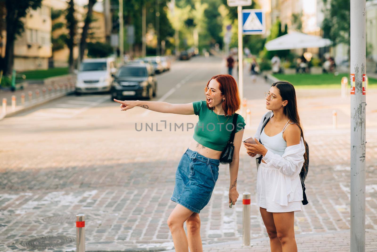 Two tourist friends consulting an online guide on a smart phone