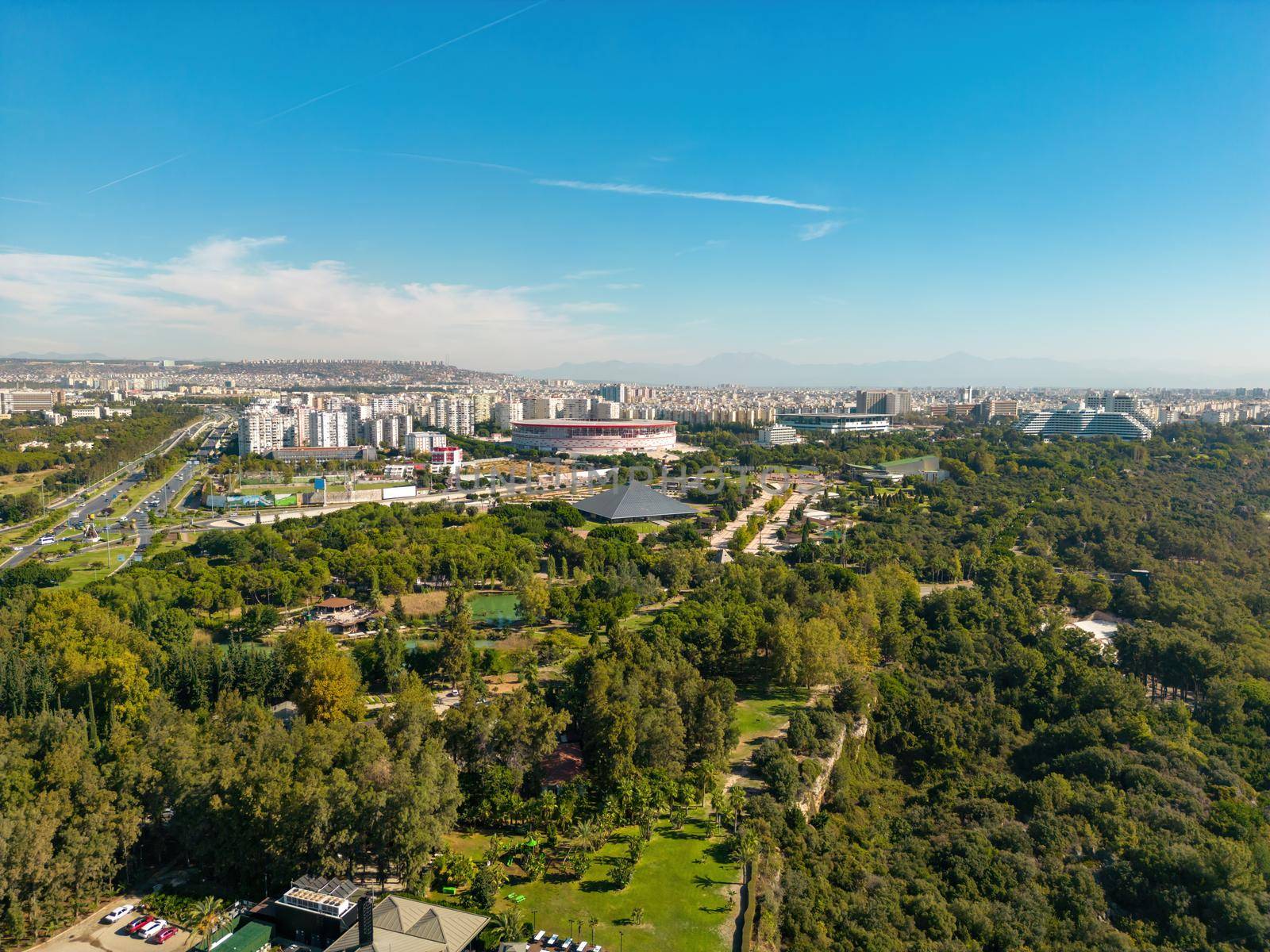 Aerial view of Konyaaltı with Antalya stadium and Glass Pyramid