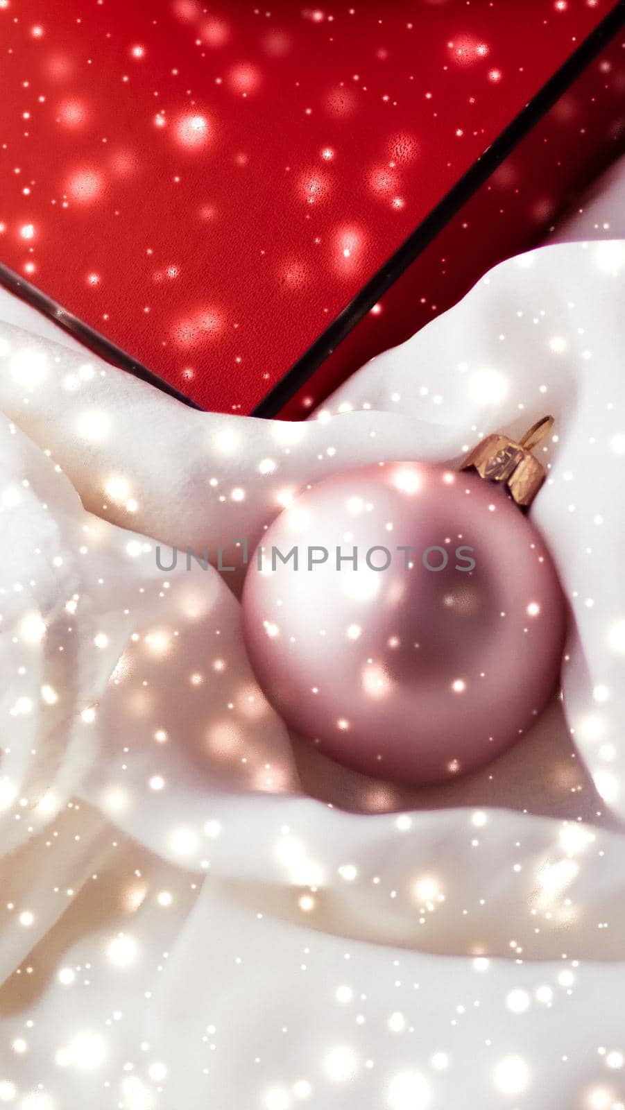 Holidays branding, glamour and decoration concept - Christmas magic holiday background, festive baubles, red vintage gift box and golden glitter as winter season present for luxury brand design