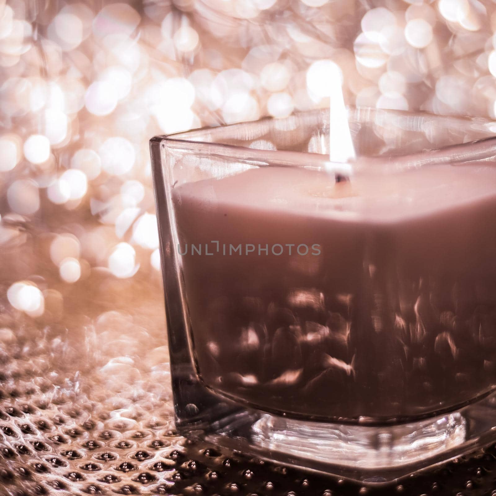 Festive decoration, branding and aromatherapy spa concept - Chocolate aromatic candle on Christmas and New Years glitter background, Valentines Day luxury home decor and holiday season brand design