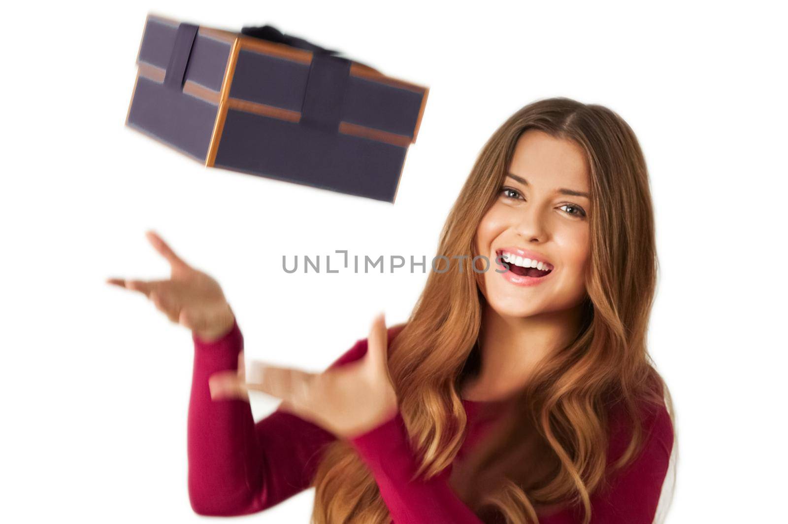 Birthday, Christmas gifts or holiday present, happy woman holding gift boxes isolated on white background, portrait