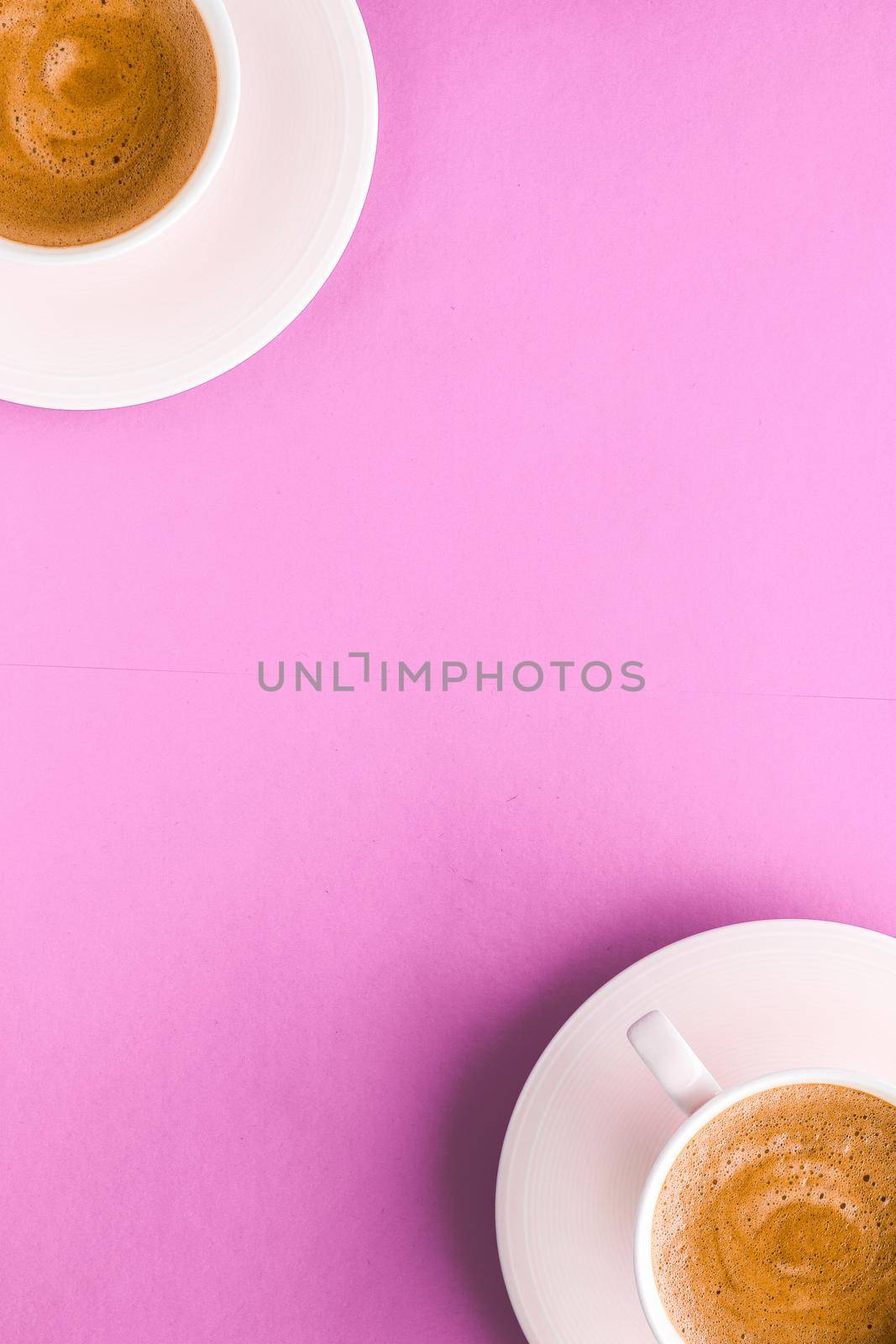 Drinks menu, italian espresso recipe and organic shop concept - Cup of hot french coffee as breakfast drink, flatlay cups on pink background