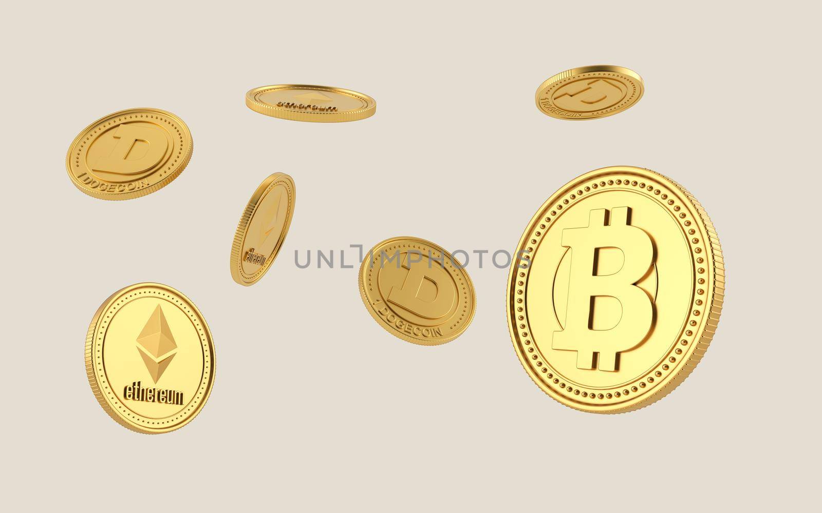 Bitcoin, Dogecoin and Ethereum coin flying on clear background. Coins cryptocurrency. blockchain, digital money exchange. Different positions and rotations. 3d rendering.