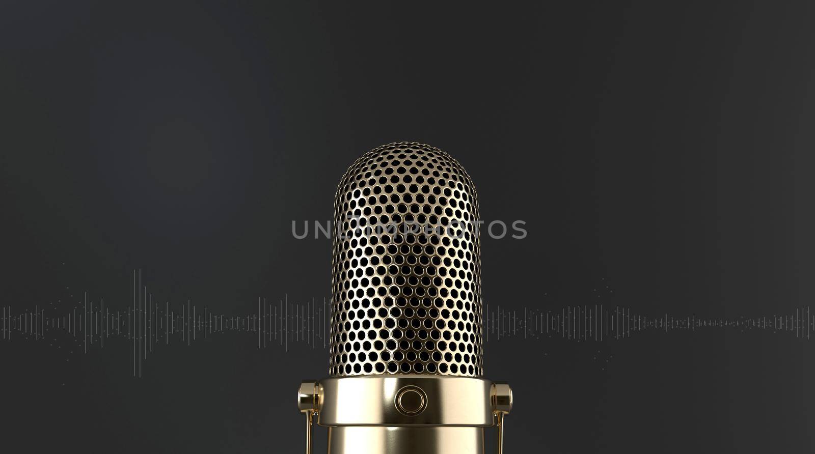 Close-up elegant golden microphone frontally on a black background with sound waves. podcast, live, streaming concept. 3d rendering.