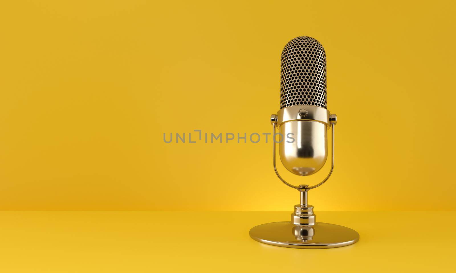 Creator content. Gold microphone on yellow background. 3d rendering.