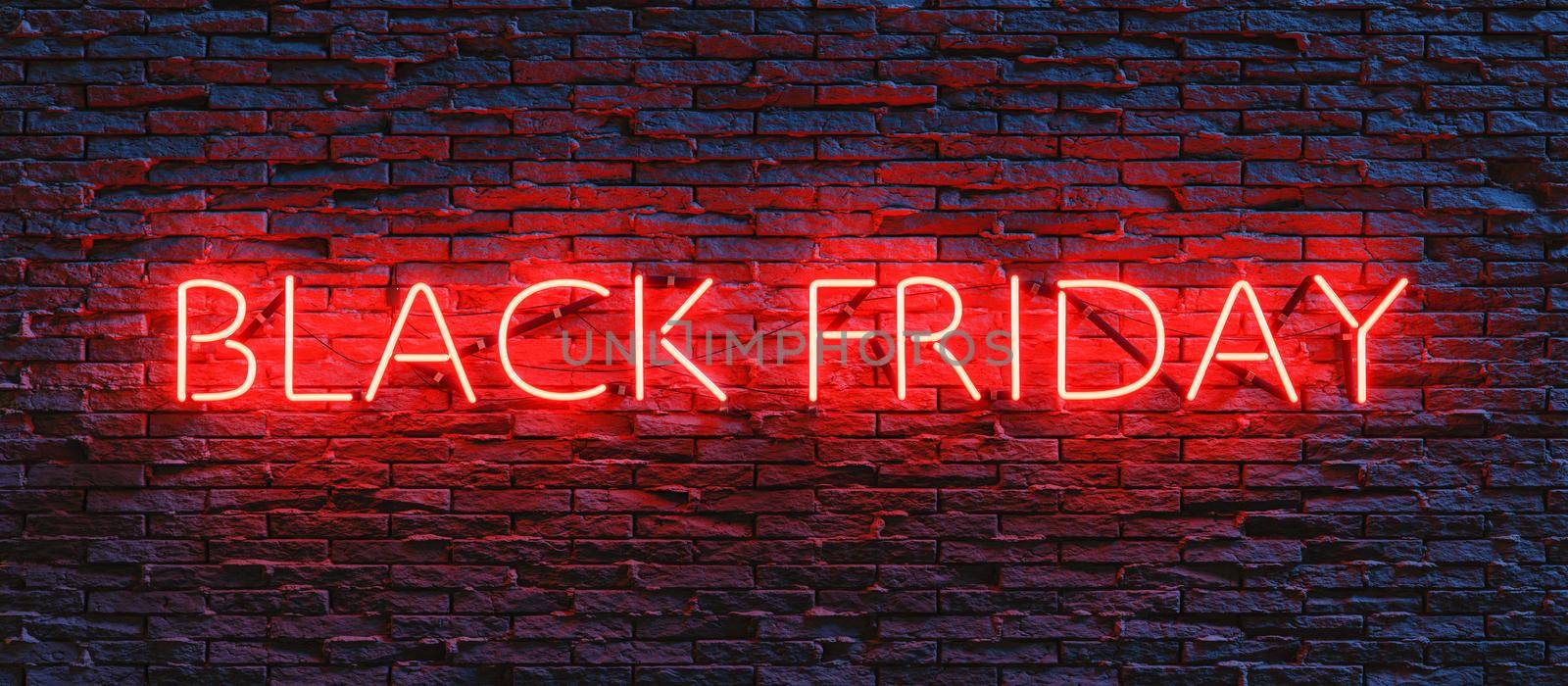 3D rendering of illuminated red neon Black Friday sign hanging on gray brick wall