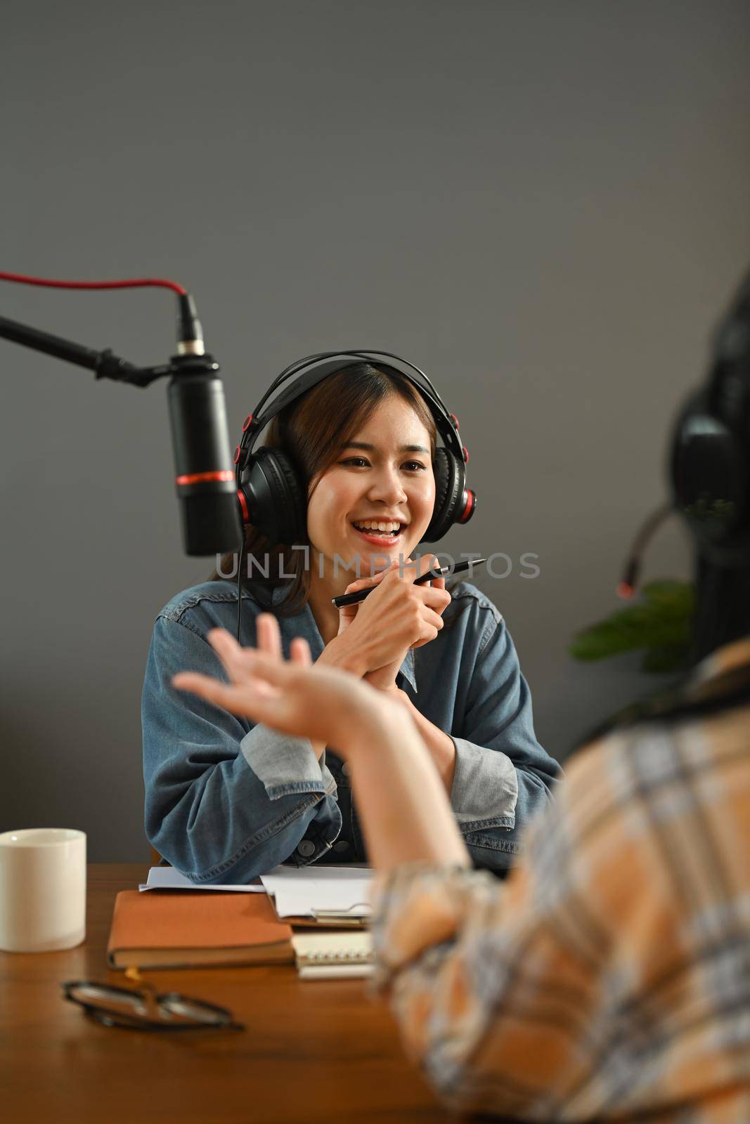 Friendly female radio host looking and talking with her guest while making audio podcast in studio.