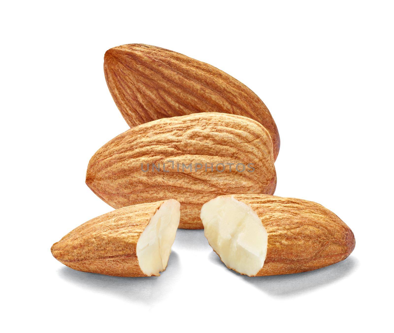 Close up of almonds on white background