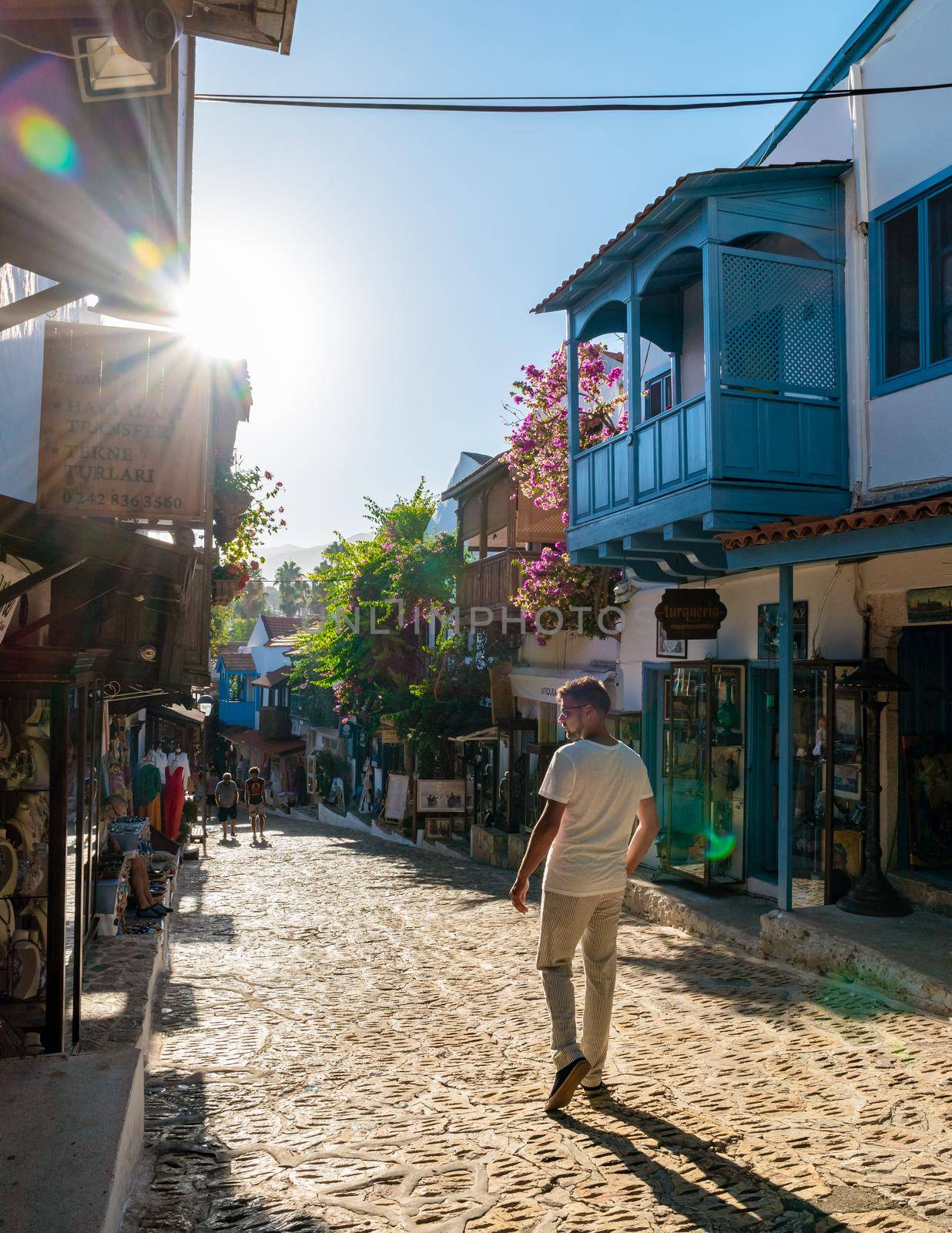 Kas Antalya Turkey July 2018, a colorful house on the narrow Streets of the old center with many restaurants.