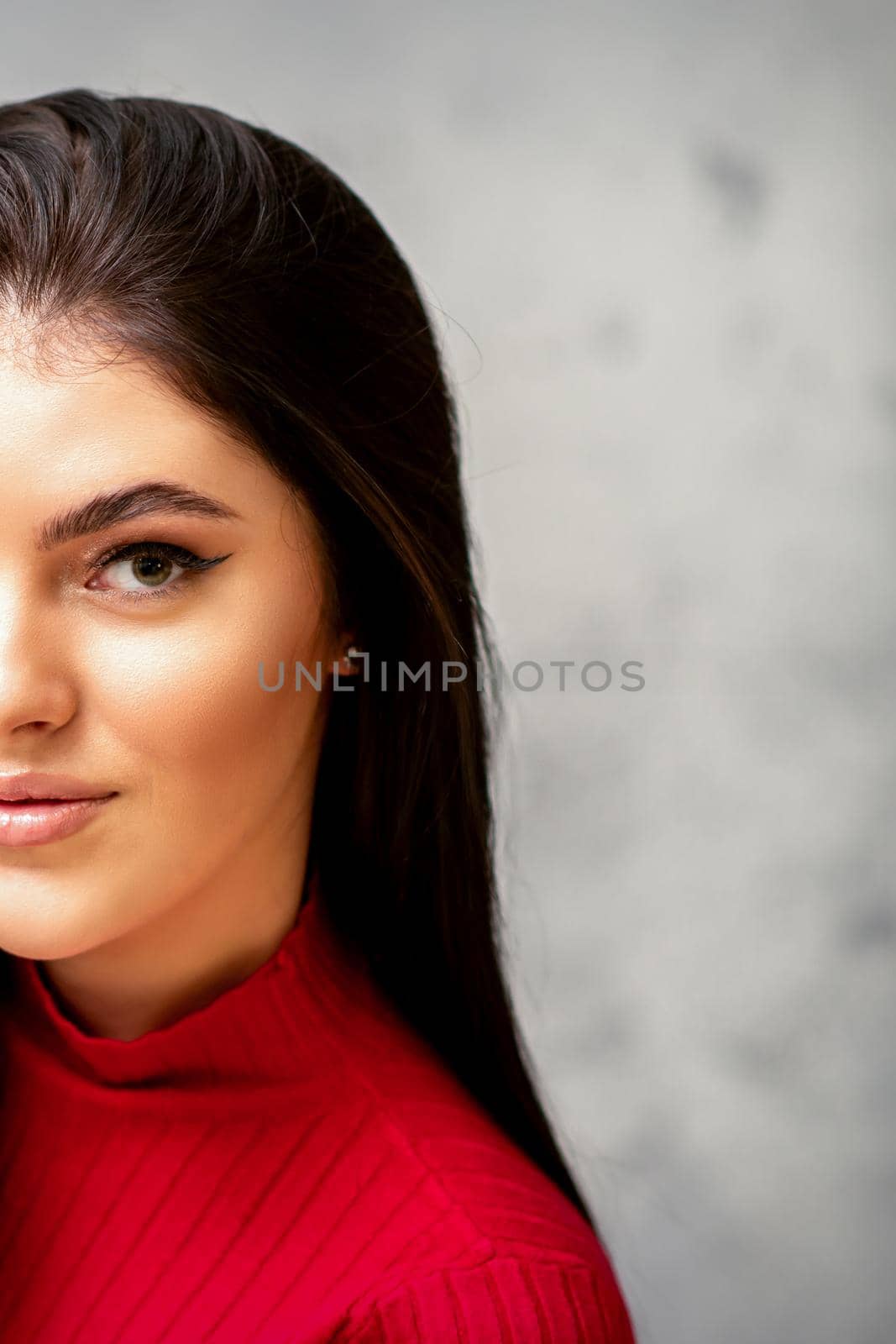The fashionable young woman. Portrait of the beautiful female model with long hair and makeup. Beauty young caucasian woman with a black hairstyle on the background of a gray wall