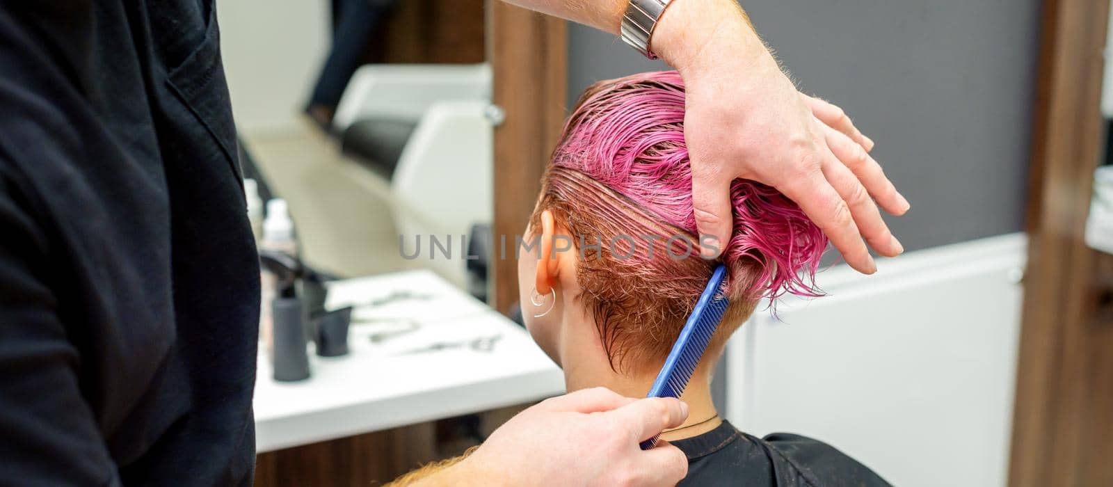 A hairdresser is combing the dyed pink wet short hair of the female client in the hairdresser salon, back view