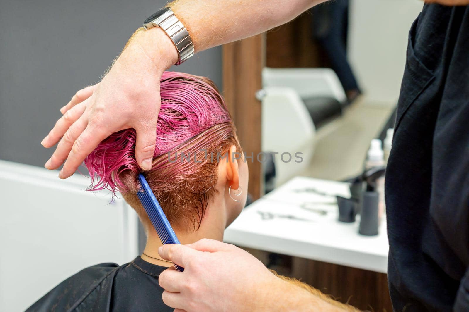 A hairdresser is combing the dyed pink wet short hair of the female client in the hairdresser salon, back view. by okskukuruza