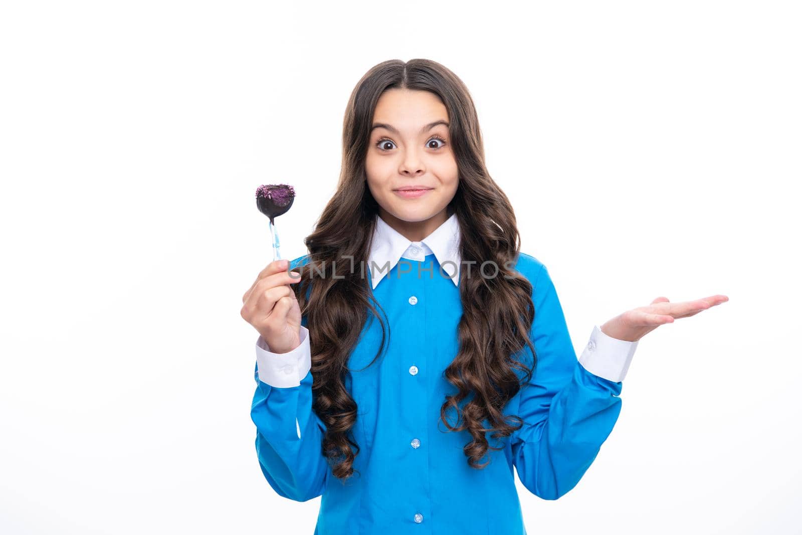 Teenage girl with lollipop, child eating sugar lollipops, kids sweets candy shop