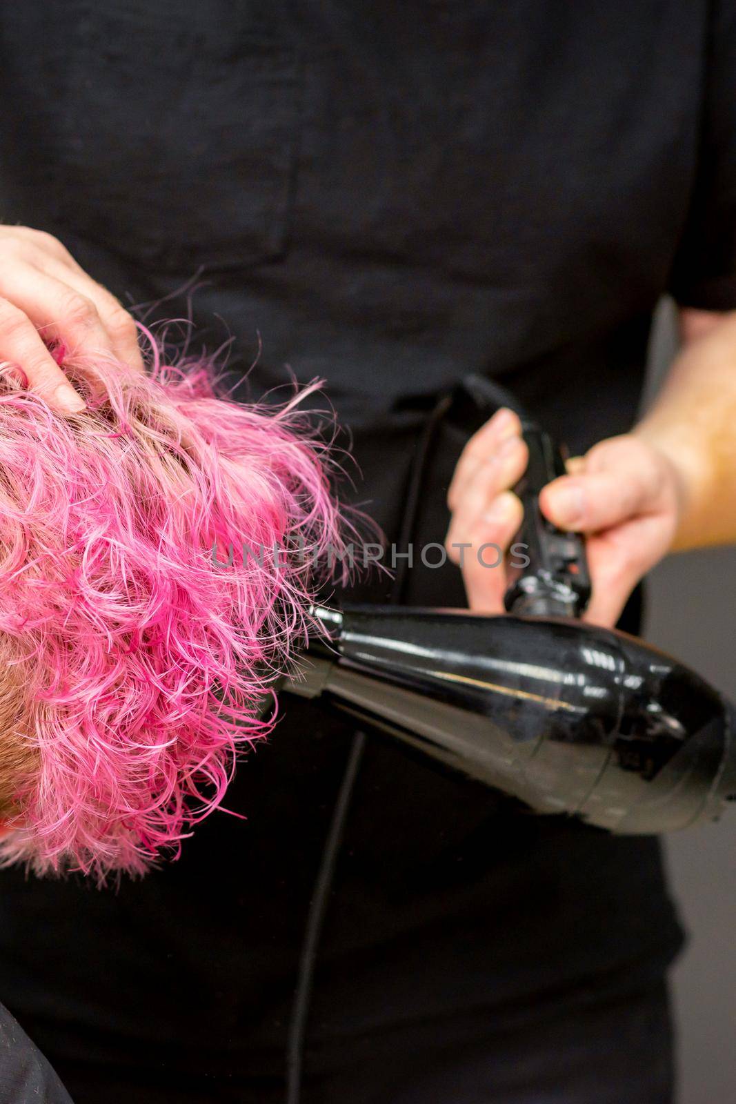 Drying short pink bob hairstyle of a young caucasian woman with a black hair dryer with the brush by hands of a male hairdresser in a hair salon, close up