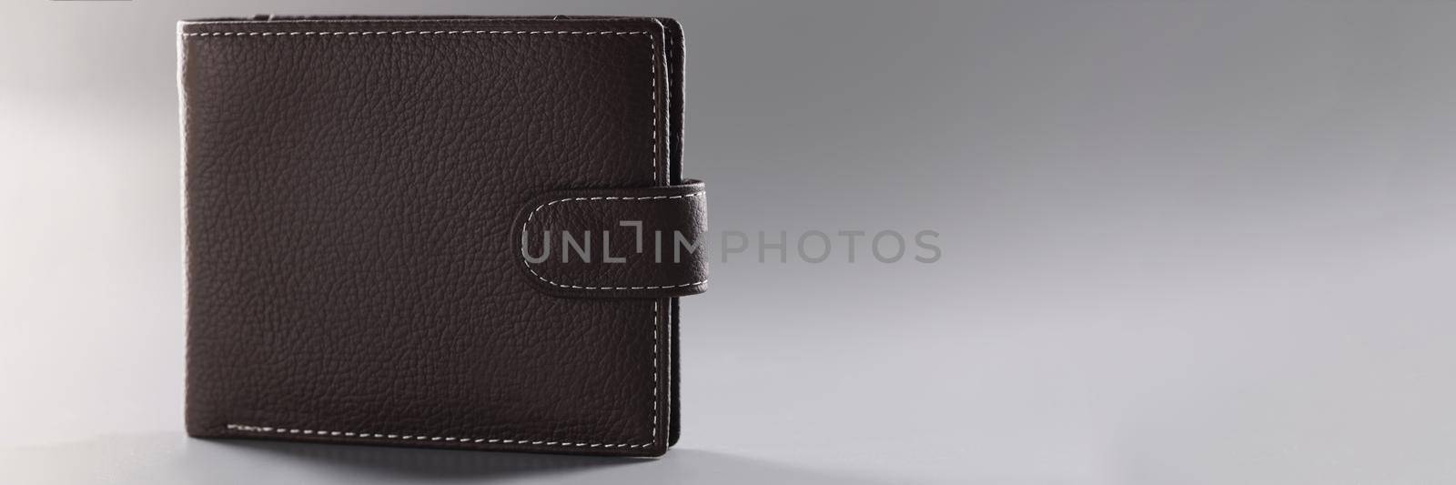 Close-up of brown genuine leather wallet with banknotes and credit card inside. Stylish minimal mens purse. Fashion, style, accessory concept. Copy space