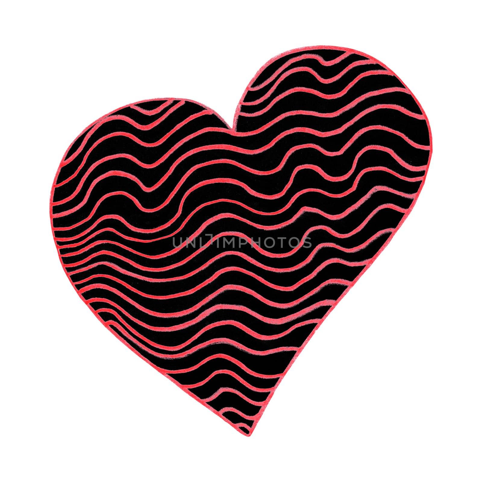 Red and Black Heart Drawn by Colored Pencil. Heart Shape Isolated on White Background. by Rina_Dozornaya