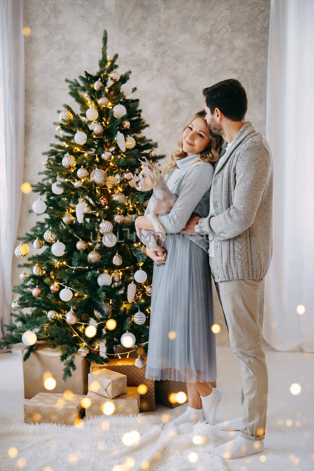 A happy couple in love - a man and a woman. A family in a bright New Year's interior with a Christmas tree.