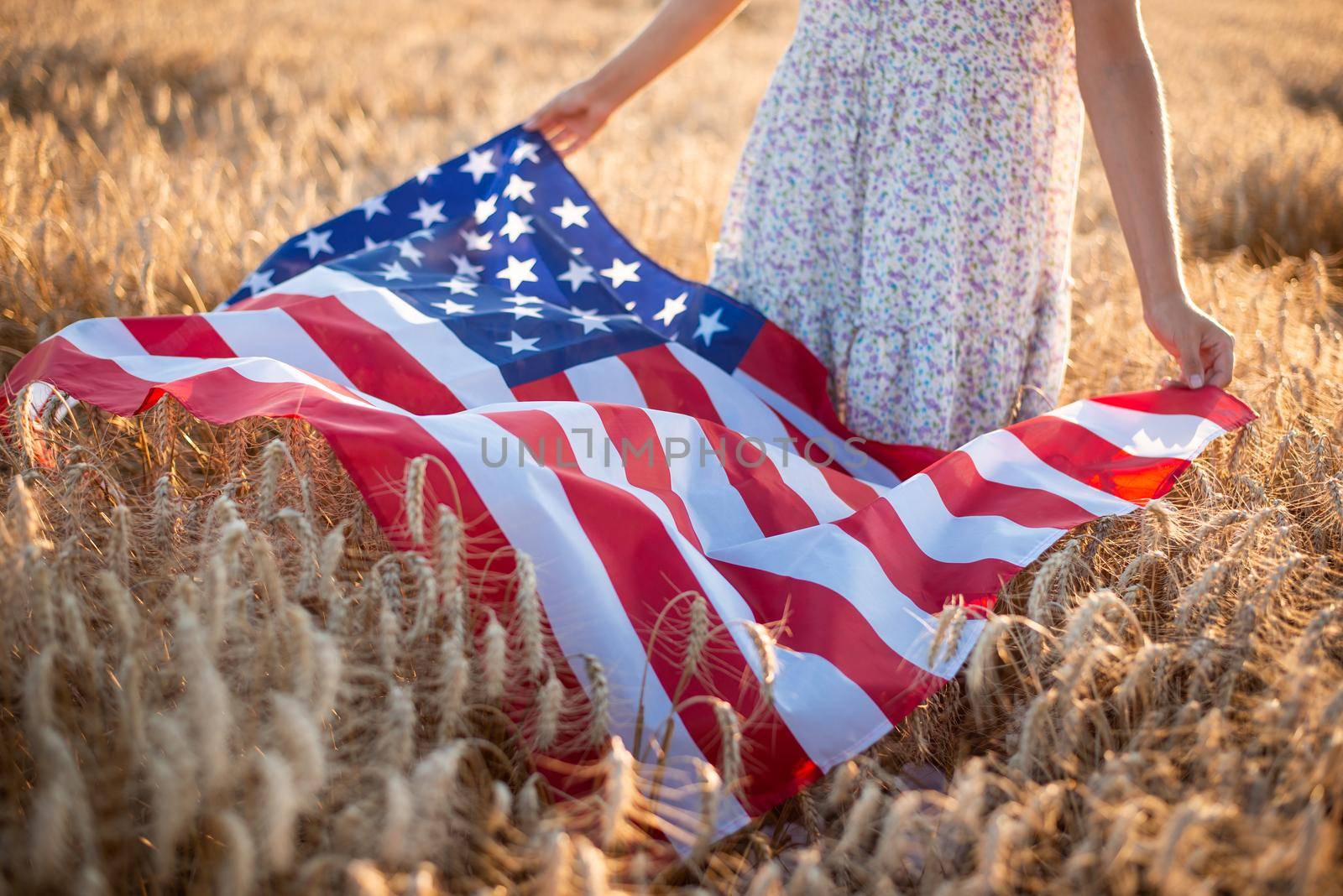 Close-up photo of girl holding flag of USA on ripe rye or wheat
