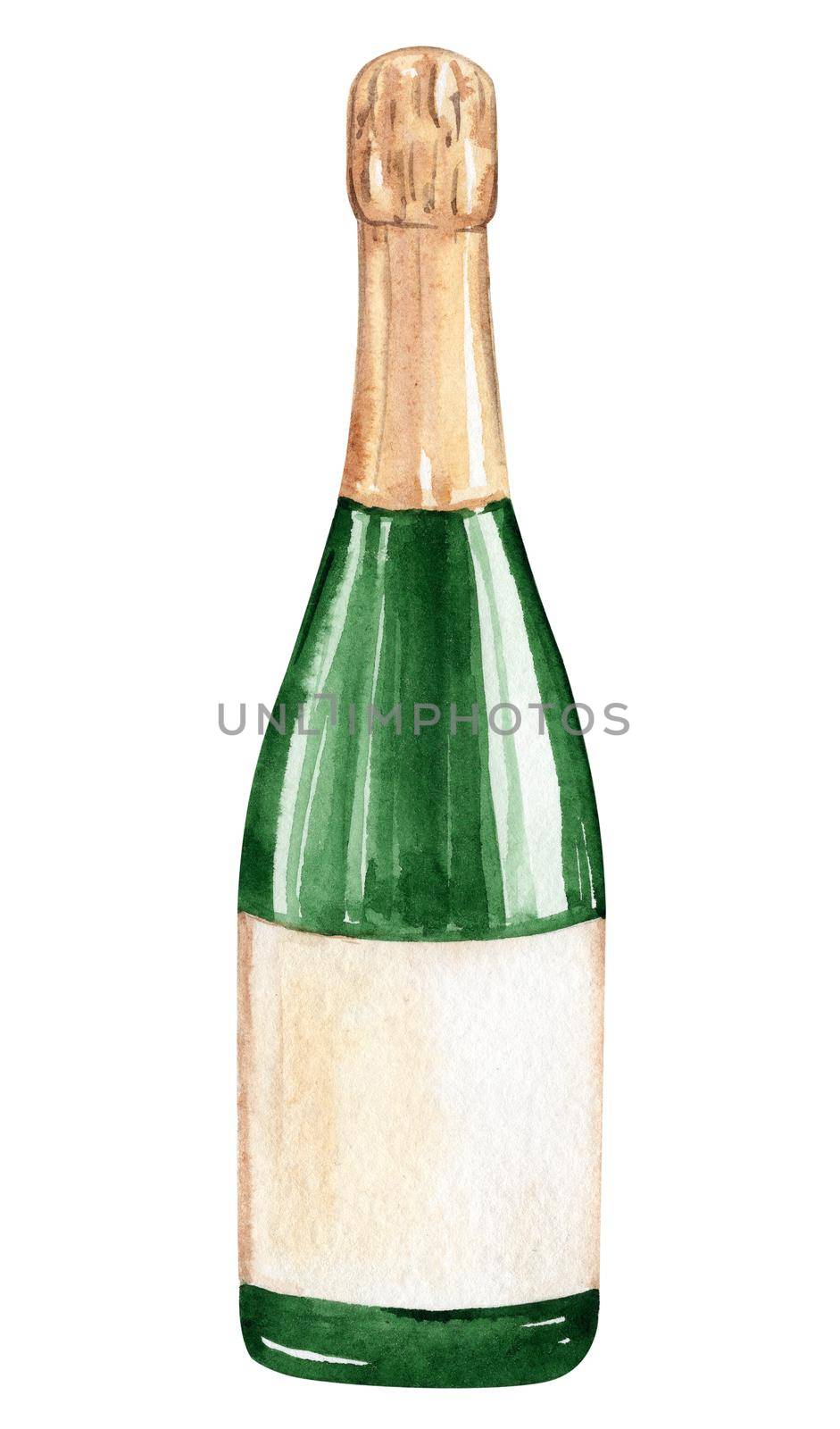 Watercolor champagne green bottle isolated on white by dreamloud