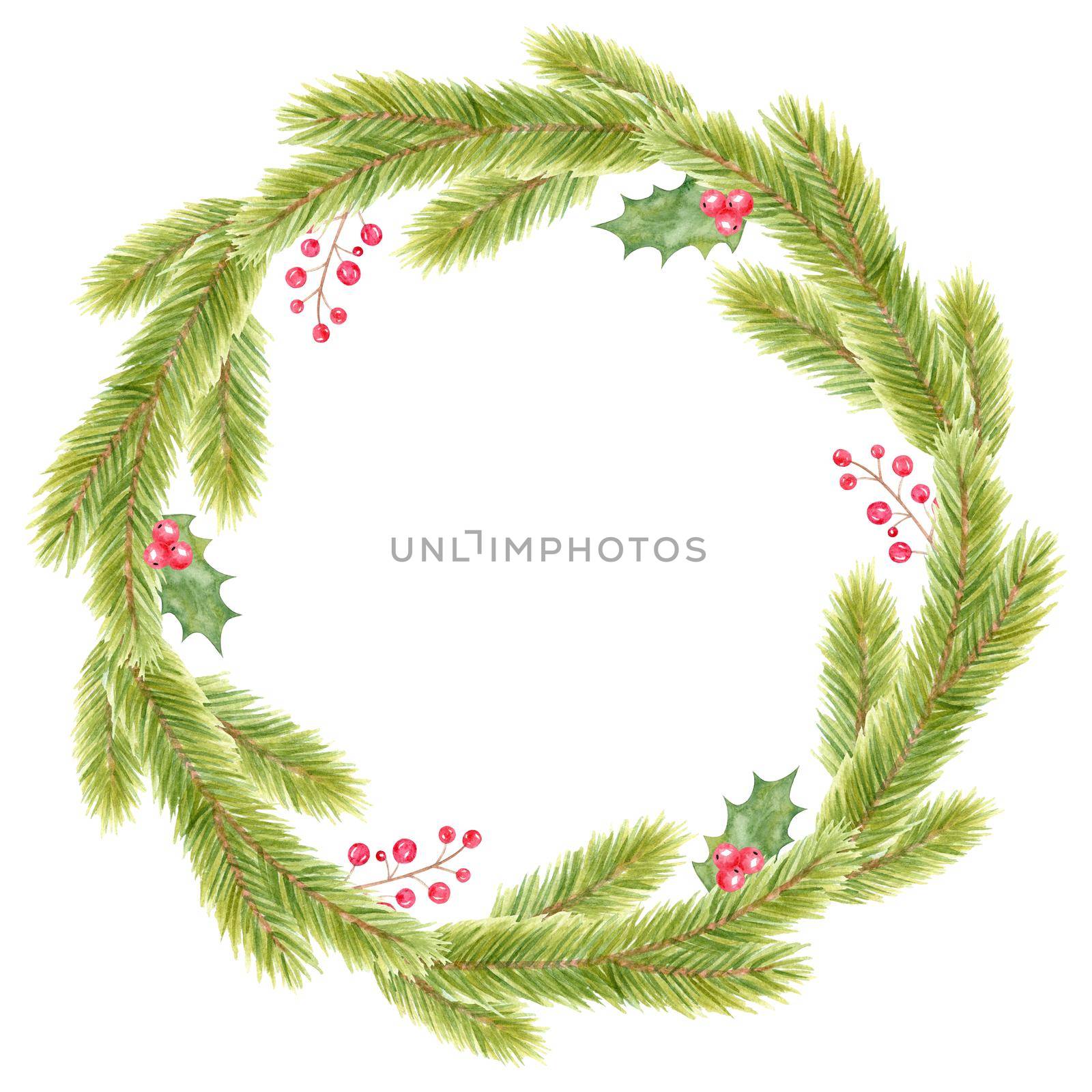 Watercolor Christmas wreath with holly berries isolated on white background by dreamloud
