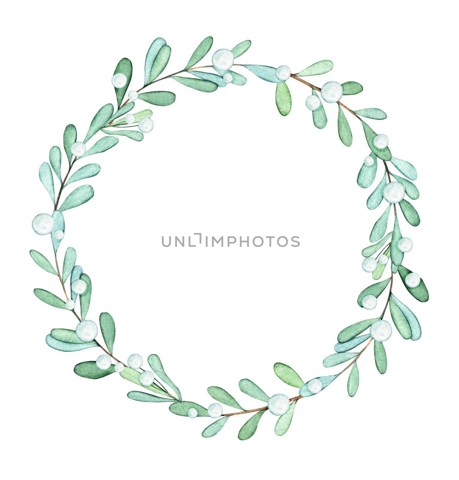 Watercolor white mistletoe wreath isolated on white background by dreamloud