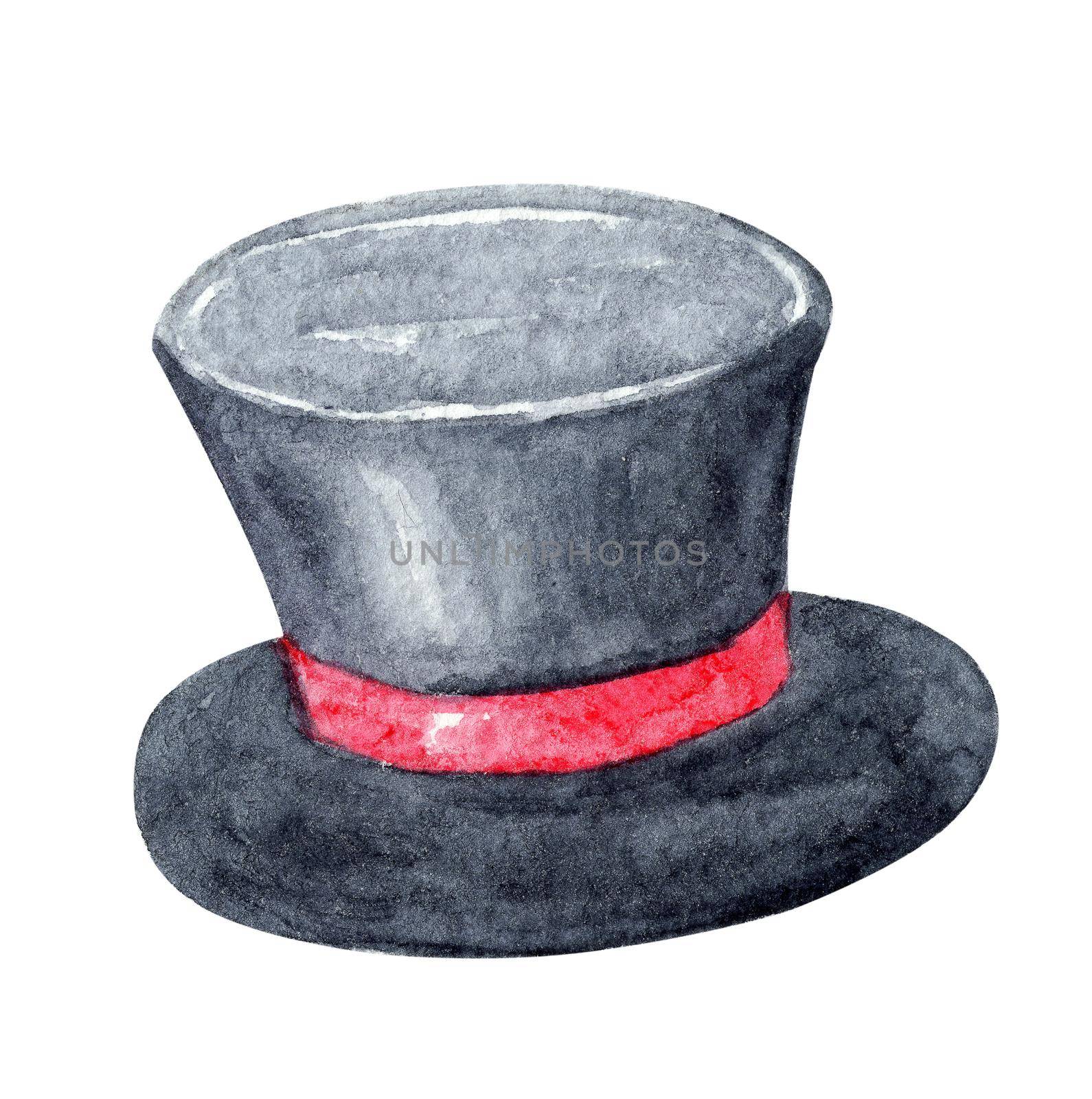 Watercolor black cylinder hat with red ribbon isolated on white by dreamloud