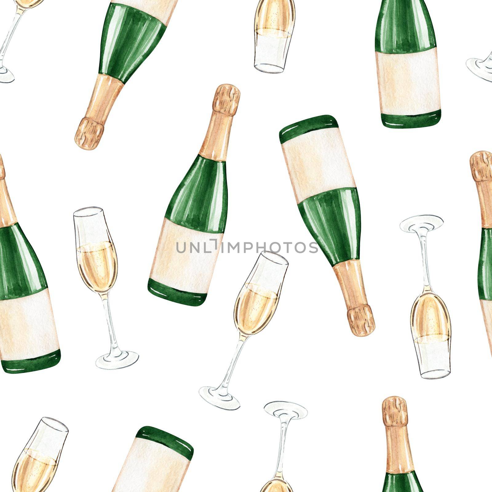 Watercolor champagne seamless pattern on white background. Wine bottles and glasses print for wrapping, wallpaper, fabric