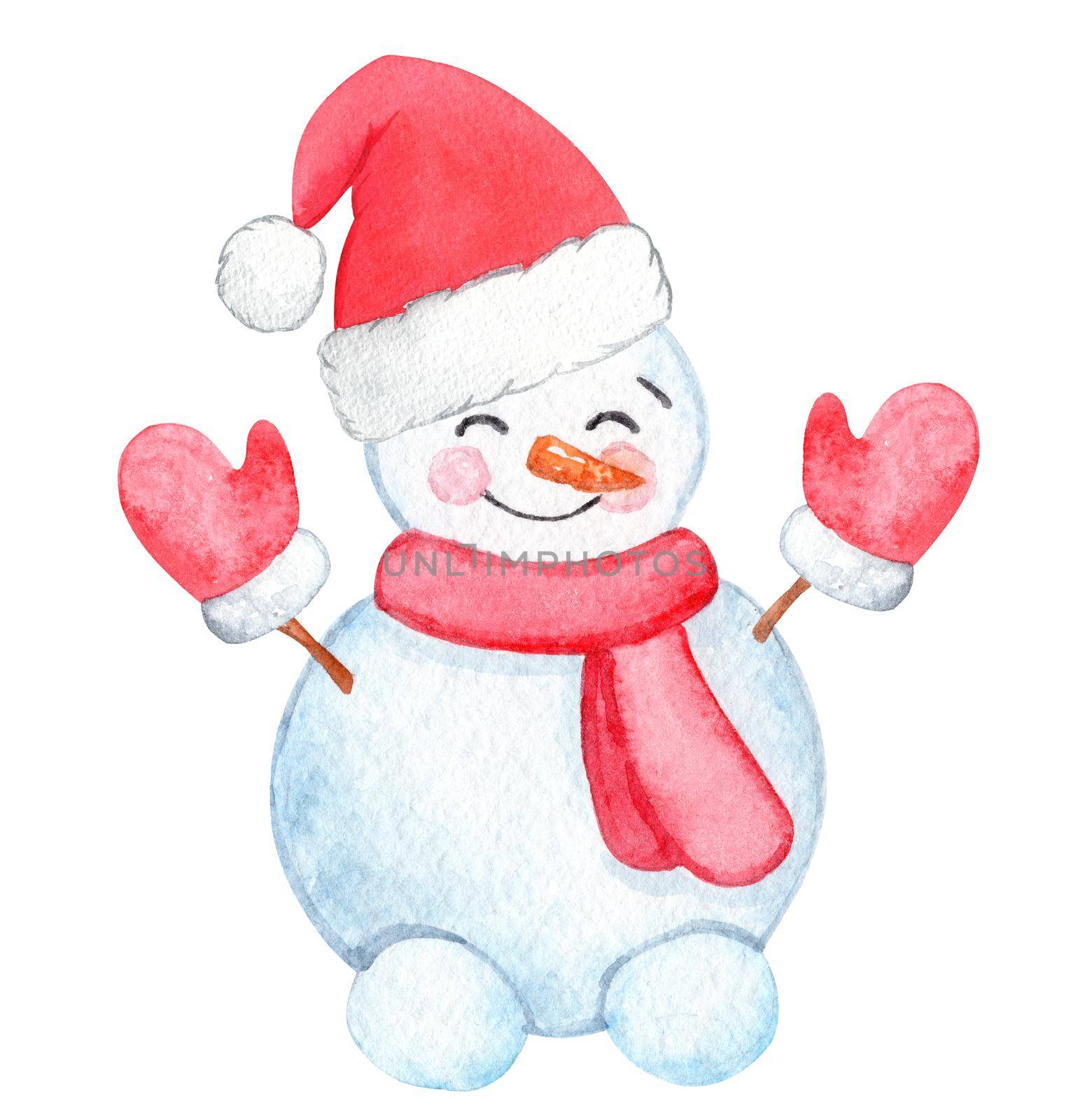 watercolor snowman in red santa hat and mittens isolated on white by dreamloud