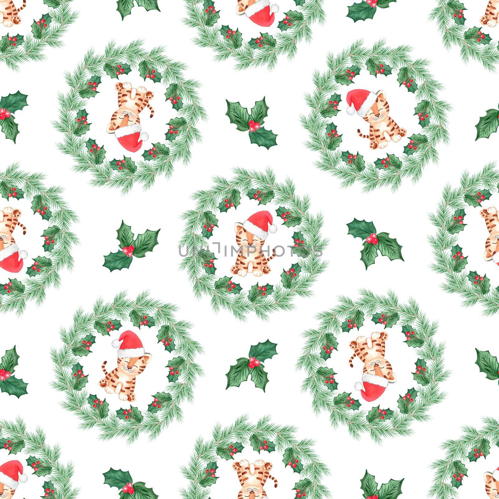 Watercolor christmas tiger in fir wreath seamless pattern on white background. Holiday winter print for fabric, wallpaper, wrapping