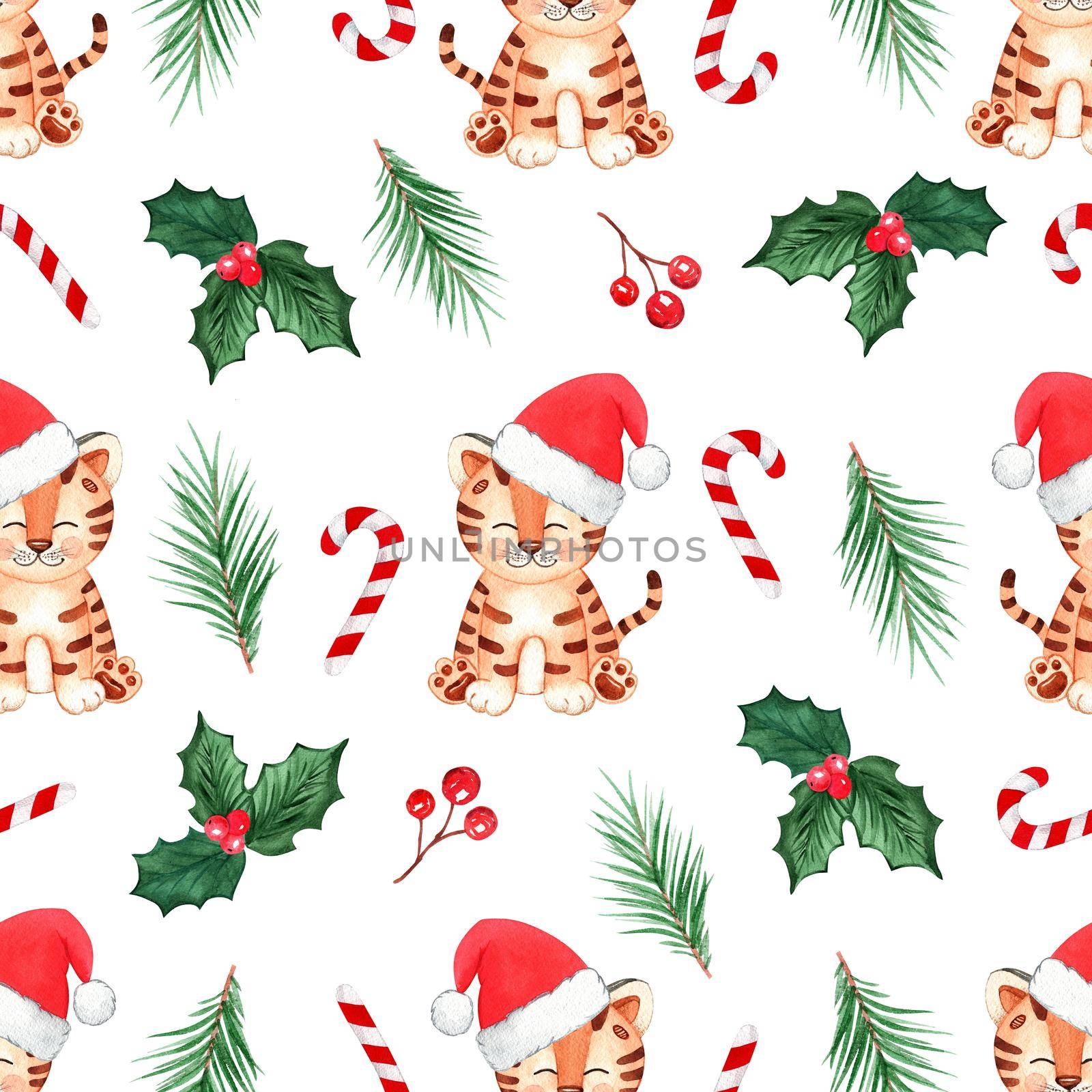 Watercolor christmas tiger seamless pattern on white background by dreamloud