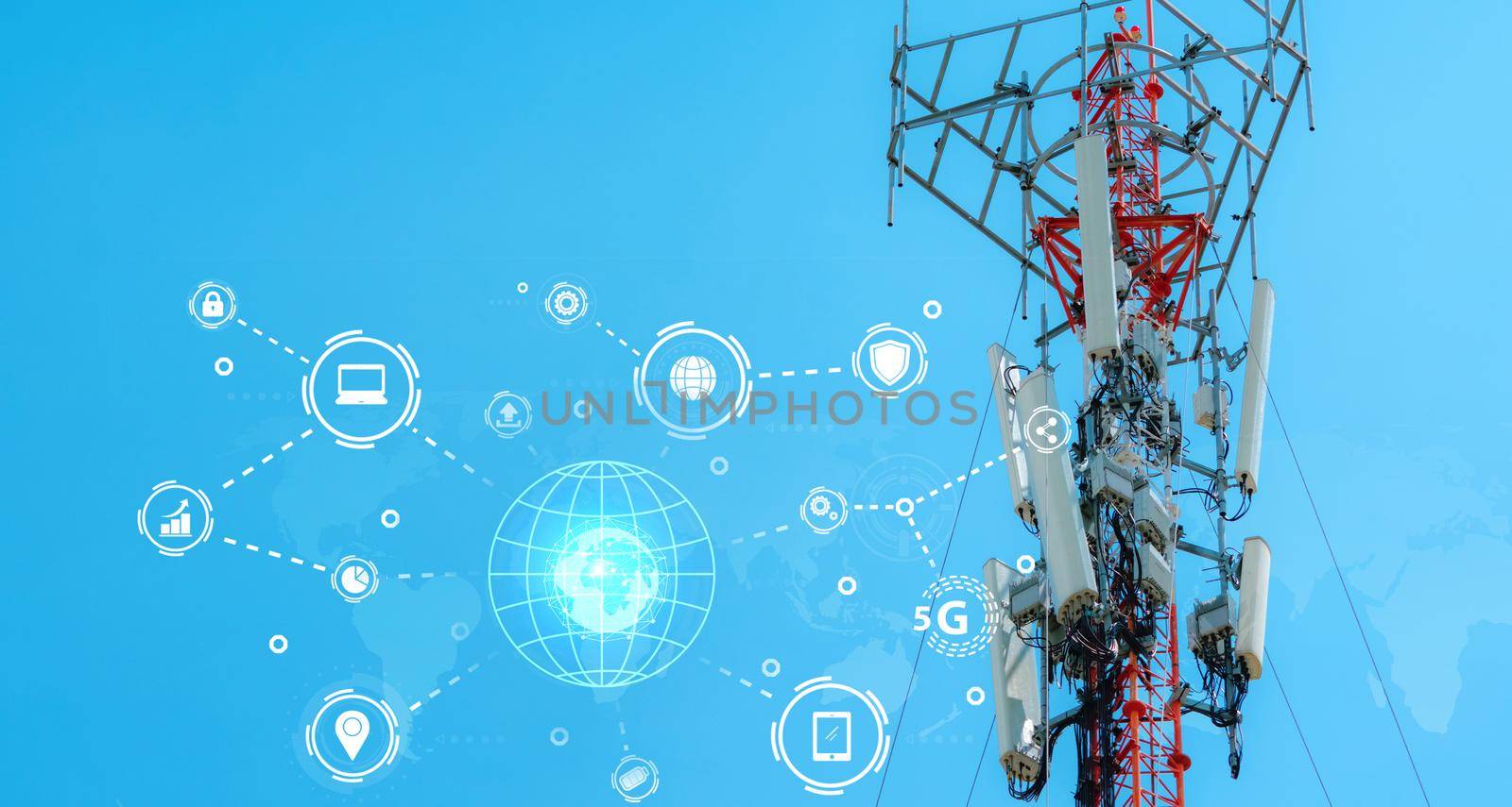 Telecommunication tower for 5g network. Antenna on blue sky. Communication technology. Telecommunication industry. Mobile or telecom 5g network. Network connection business. Online service connection. by Fahroni