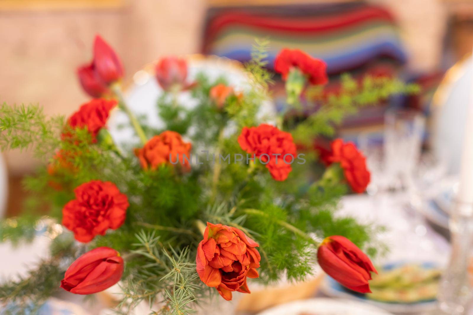 bouquet of red carnations and tulips.