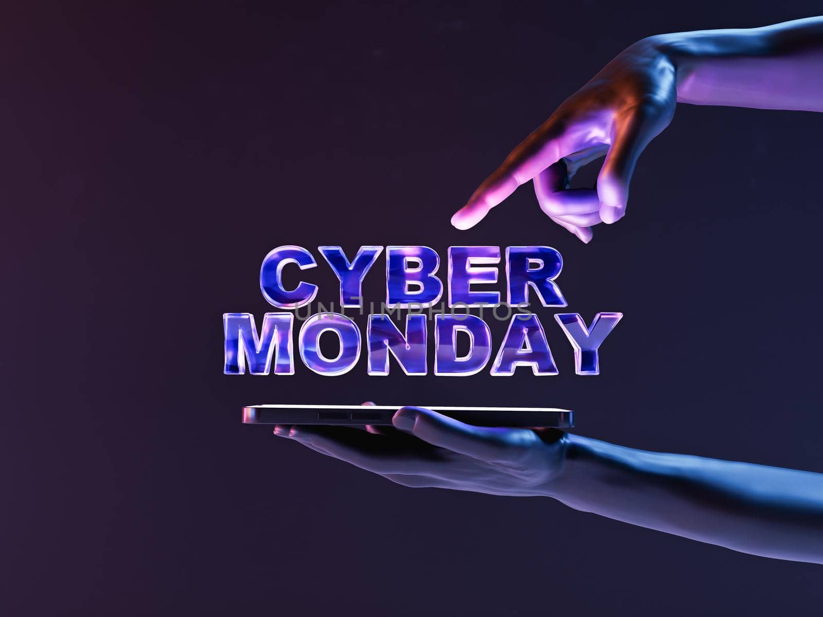 Creative 3D rendering of crop unrecognizable person using modern mobile phone in neon studio with illuminated Cyber Monday inscription