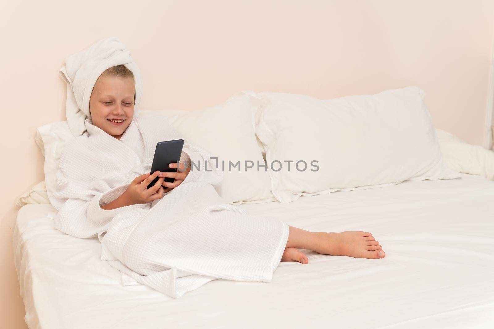 Copyspace cell girl portrait bathrobe white cute hygiene bathroom lifestyle, concept hotel young for happy for gown style, background face. Head funny wellness, by 89167702191