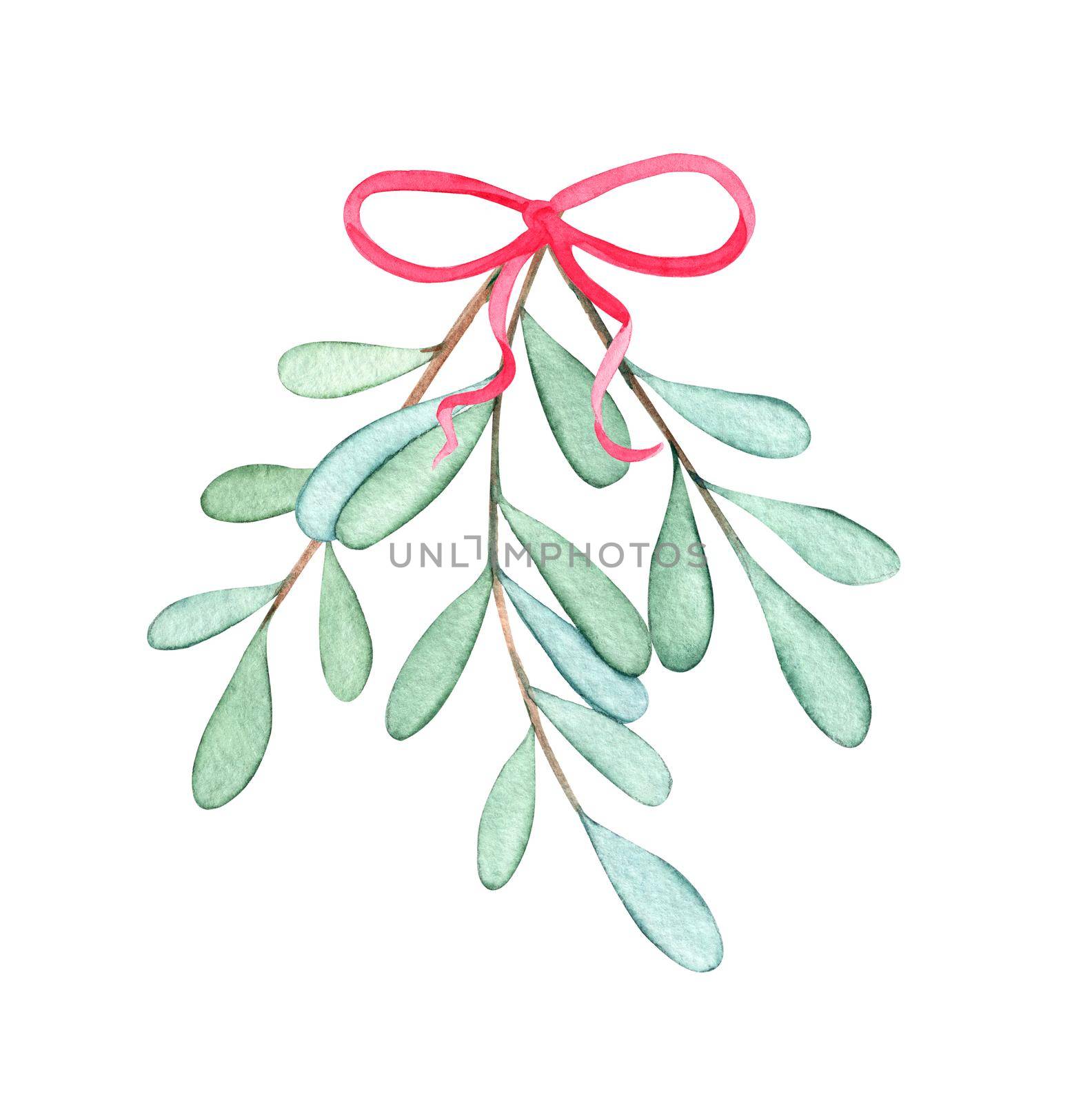Watercolor mistletoe branch with red ribbon isolated on white by dreamloud